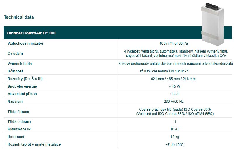 technicka specifikace Zehnder comfoair fit 100